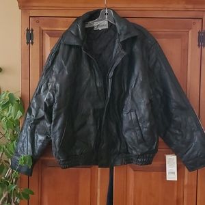 Black leather bomber jacket